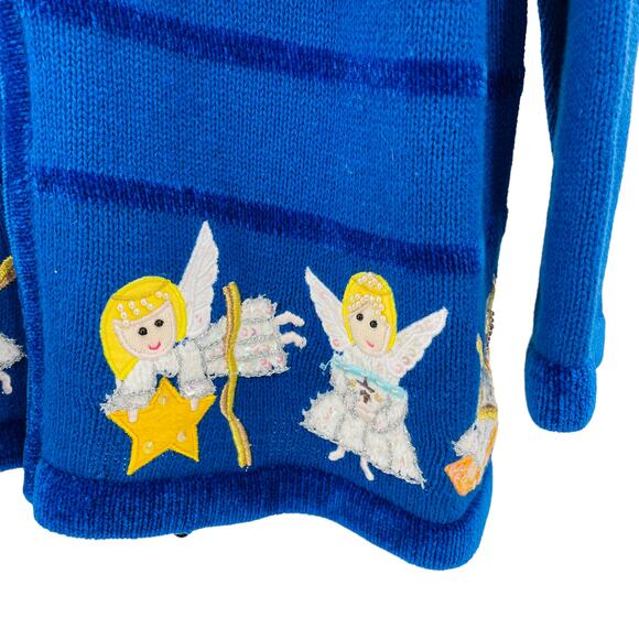 Quacker Factory Blue Chenille Yellow White Embroidered Angels Cardigan Plus 1X - Picture 6 of 10